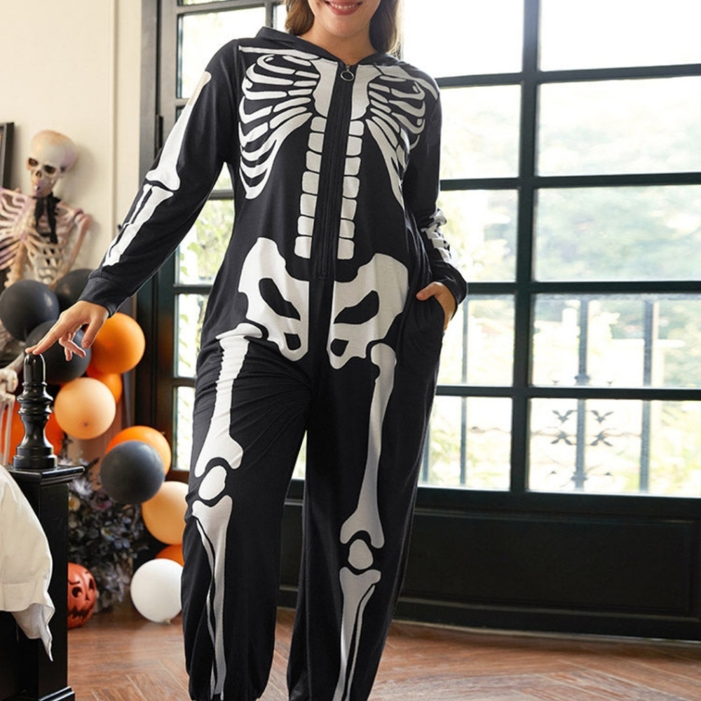 Skeleton hooded zipper jumpsuit